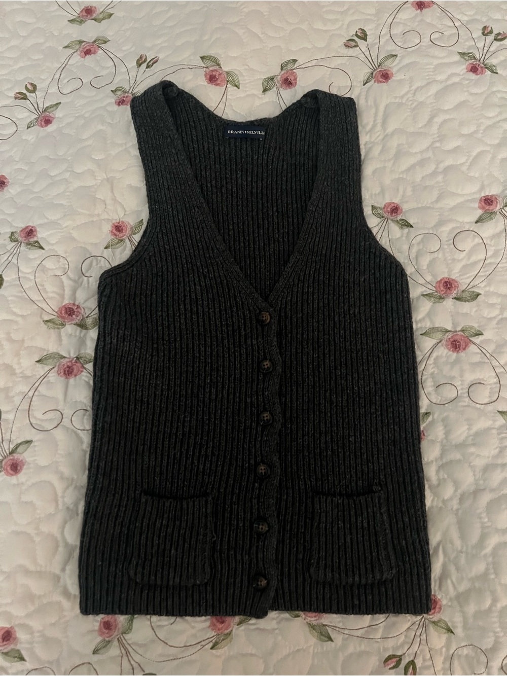 Charcoal Ribbed Knit Button-Front Vest